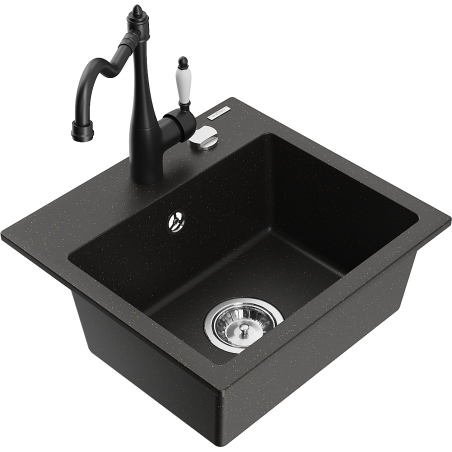 Mexen Milo granite sink 1-bowl with Carla kitchen tap, black/gold metallic - 6505-75-670700-70