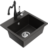 Mexen Milo granite sink 1-bowl with Carla kitchen tap, black/gold metallic - 6505-75-670700-70