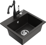 Mexen Milo granite sink 1-bowl with Carla kitchen tap, black/gold metallic - 6505-75-670700-70