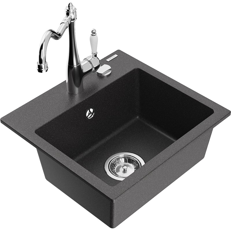 Mexen Milo 1-bowl granite kitchen sink with faucet Carla, black speckled - 6505-76-670700-00