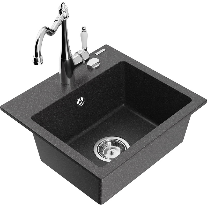 Mexen Milo 1-bowl granite sink with Carla kitchen faucet, black speckled - 6505-76-670700-00
