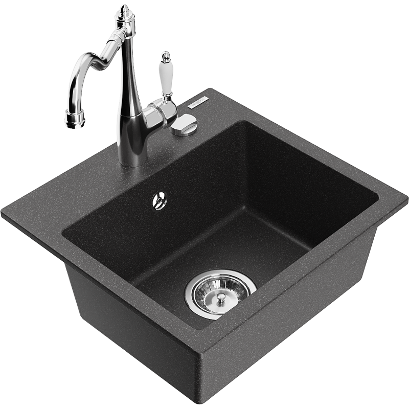 Mexen Milo granite kitchen sink 1-bowl with Carla kitchen tap, black speckled - 6505-76-670700-00