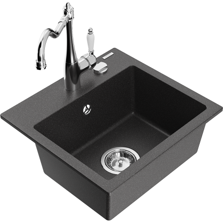 Mexen Milo granite kitchen sink 1-bowl with Carla kitchen tap, black speckled - 6505-76-670700-00
