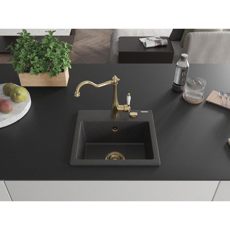 Mexen Milo single-bowl granite sink with kitchen faucet Carla, speckled black - 6505-76-670700-50