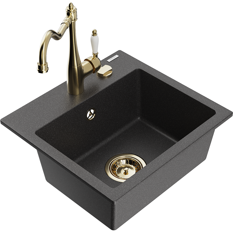 Mexen Milo 1-bowl granite sink with Carla kitchen tap, black speckled - 6505-76-670700-50