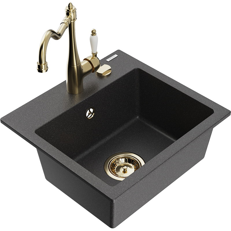 Mexen Milo granite sink 1-bowl with Carla kitchen faucet, black speckled - 6505-76-670700-50