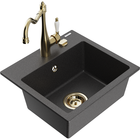 Mexen Milo granite sink 1-bowl with Carla kitchen faucet, black speckled - 6505-76-670700-50