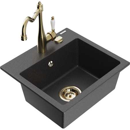 Mexen Milo single-bowl granite sink with kitchen faucet Carla, speckled black - 6505-76-670700-50