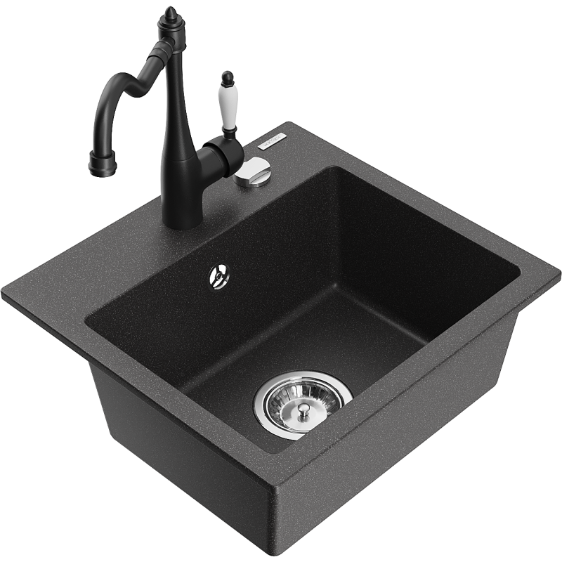 Mexen Milo 1-compartment granite sink with a kitchen mixer tap Carla, spotted black - 6505-76-670700-70