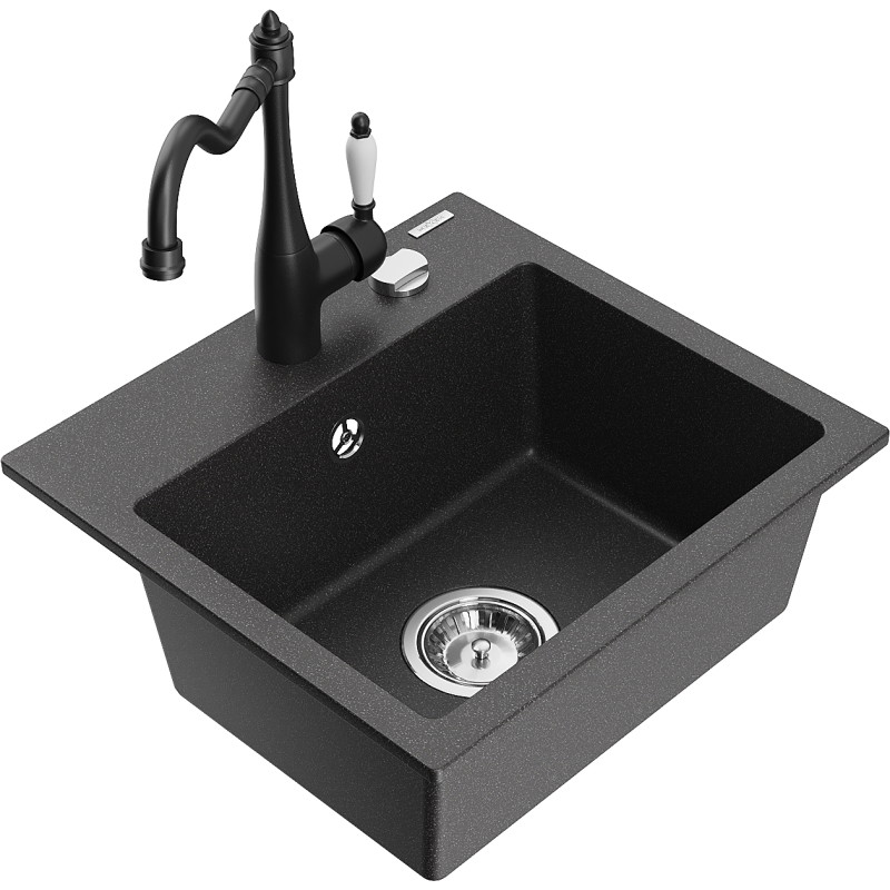 Mexen Milo granite kitchen sink with 1 bowl and Carla kitchen faucet, black speckled - 6505-76-670700-70