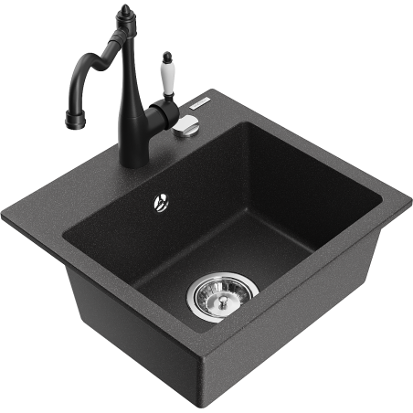 Mexen Milo granite kitchen sink with 1 bowl and Carla kitchen faucet, black speckled - 6505-76-670700-70