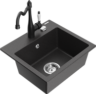 Mexen Milo granite kitchen sink with 1 bowl and Carla kitchen faucet, black speckled - 6505-76-670700-70