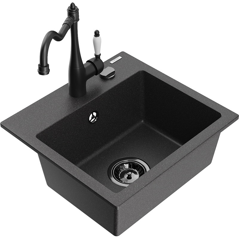 Mexen Milo granite sink with 1 bowl and kitchen faucet Carla, black speckled - 6505-76-670700-70-B