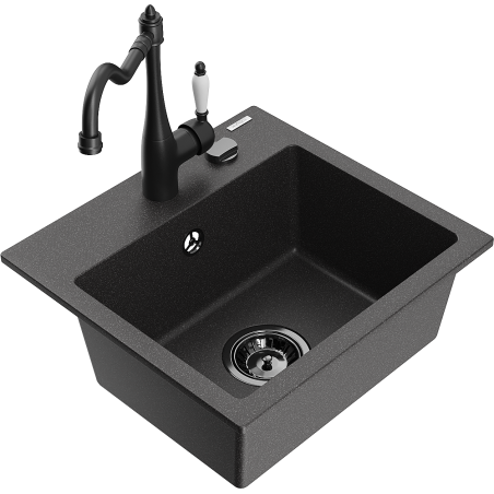 Mexen Milo 1-bowl granite sink with Carla kitchen faucet, black speckled - 6505-76-670700-70-B