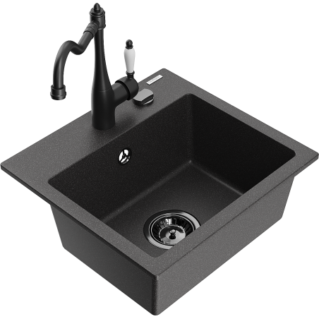 Mexen Milo granite sink with 1 bowl and kitchen faucet Carla, black speckled - 6505-76-670700-70-B