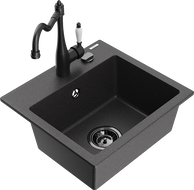 Mexen Milo granite sink with 1 bowl and kitchen faucet Carla, black speckled - 6505-76-670700-70-B