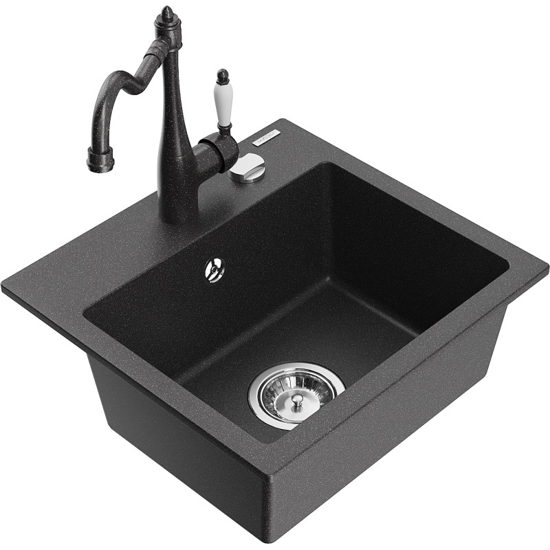 Mexen Milo granite single-bowl sink with Carla kitchen faucet, black speckled - 6505-76-670700-76