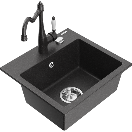 Mexen Milo granite kitchen sink 1-bowl with Carla kitchen faucet, speckled black - 6505-76-670700-76