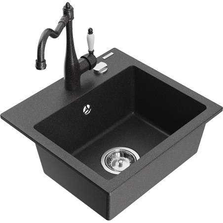 Mexen Milo granite single-bowl sink with Carla kitchen faucet, black speckled - 6505-76-670700-76