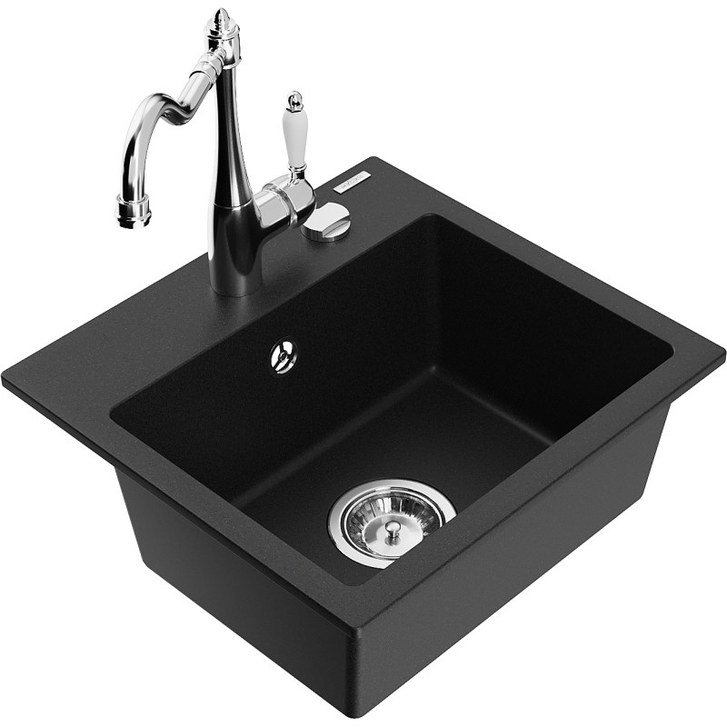 Mexen Milo granite kitchen sink 1-chamber with kitchen faucet Carla, black - 6505-77-670700-00