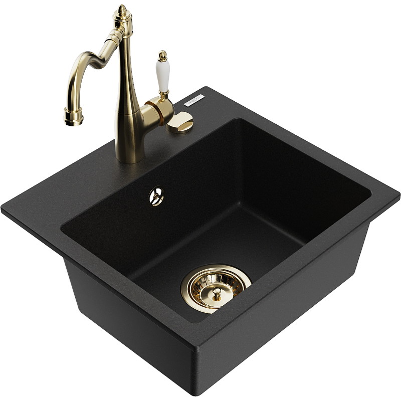 Mexen Milo 1-bowl granite sink with Carla kitchen faucet, black - 6505-77-670700-50