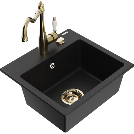 Mexen Milo 1-compartment granite sink with a kitchen mixer tap Carla, Black - 6505-77-670700-50