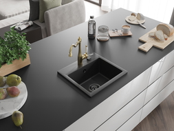 Mexen Milo 1-compartment granite sink with a kitchen mixer tap Carla, Black - 6505-77-670700-50-B