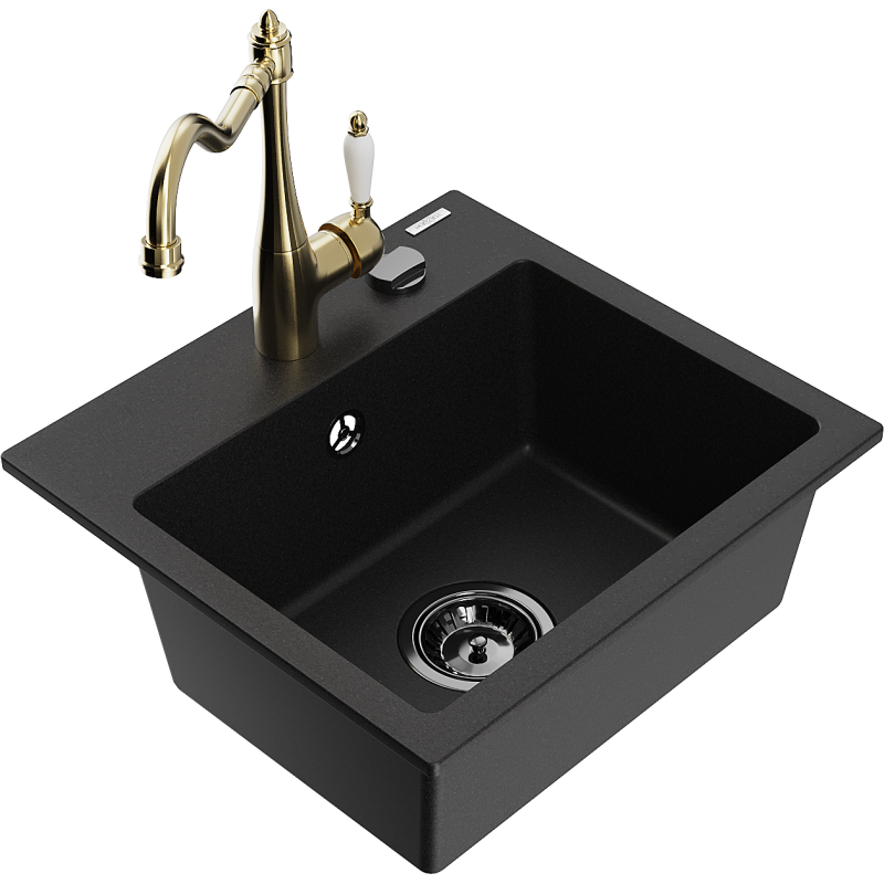 Mexen Milo 1-compartment granite sink with a kitchen mixer tap Carla, Black - 6505-77-670700-50-B