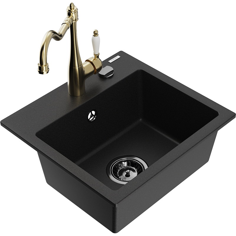 Mexen Milo granite kitchen sink 1-bowl with Carla faucet, black - 6505-77-670700-50-B