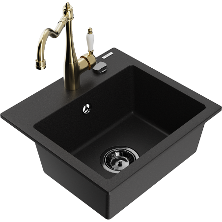 Mexen Milo 1-bowl granite sink with Carla kitchen faucet, black - 6505-77-670700-50-B