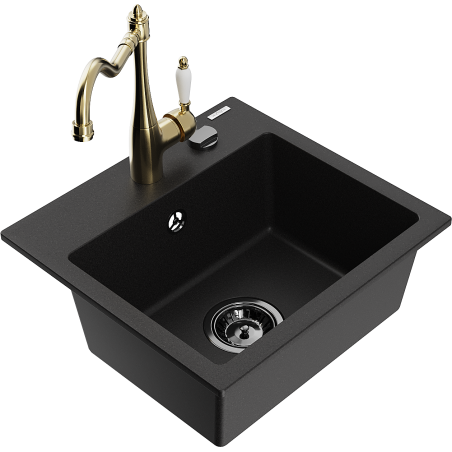 Mexen Milo 1-compartment granite sink with a kitchen mixer tap Carla, Black - 6505-77-670700-50-B