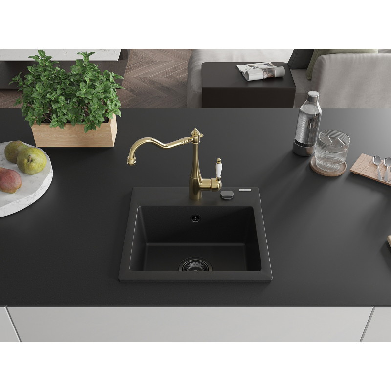 Mexen Milo 1-bowl granite sink with Carla kitchen faucet, black - 6505-77-670700-50-B