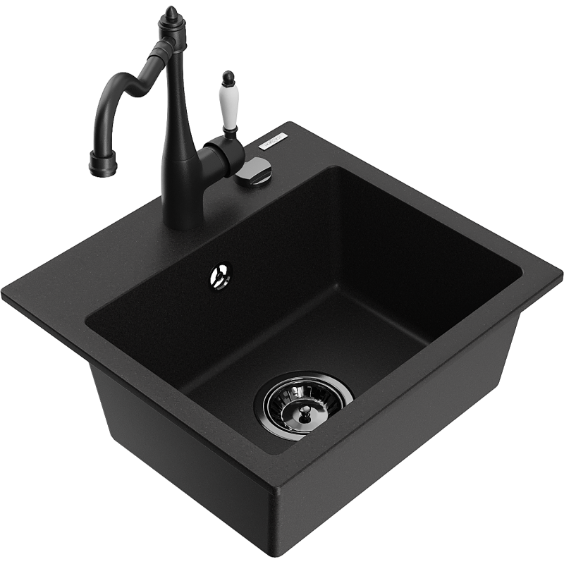 Mexen Milo 1-compartment granite sink with a kitchen mixer tap Carla, Black - 6505-77-670700-70-B