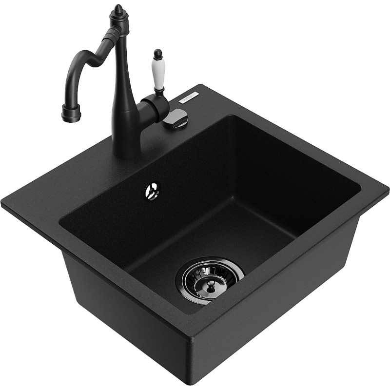 Mexen Milo Carla 1-Bowl Granite Sink with Kitchen Faucet, Black - 6505-77-670700-70-B