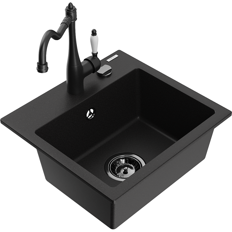 Mexen Milo granite sink 1-bowl with Carla kitchen tap, black - 6505-77-670700-70-B