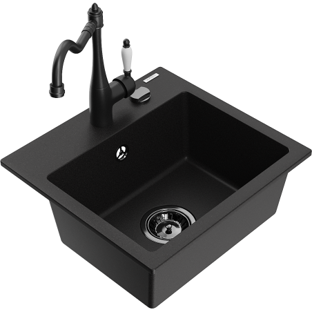 Mexen Milo 1-compartment granite sink with a kitchen mixer tap Carla, Black - 6505-77-670700-70-B