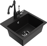 Mexen Milo Carla 1-Bowl Granite Sink with Kitchen Faucet, Black - 6505-77-670700-70-B