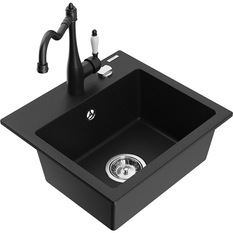 Mexen Milo granite kitchen sink 1-bowl with kitchen faucet Carla, black - 6505-77-670700-70