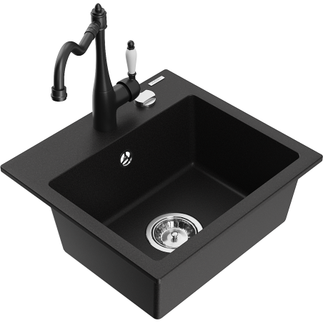 Mexen Milo 1-compartment granite sink with a kitchen mixer tap Carla, Black - 6505-77-670700-70