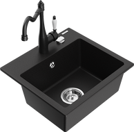 Mexen Milo granite sink 1-bowl with Carla kitchen tap, black - 6505-77-670700-70