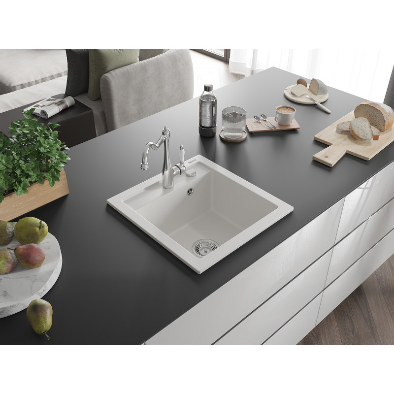 Mexen Vito granite kitchen sink 1-bowl with Carla kitchen faucet, white - 6503-20-670700-00