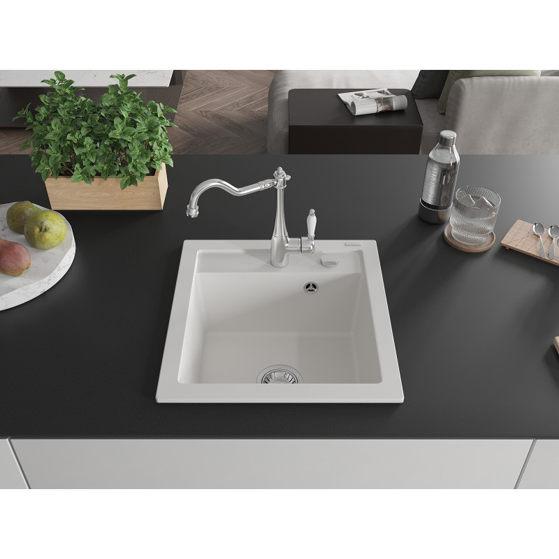 Mexen Vito granite kitchen sink 1-bowl with Carla kitchen faucet, white - 6503-20-670700-00
