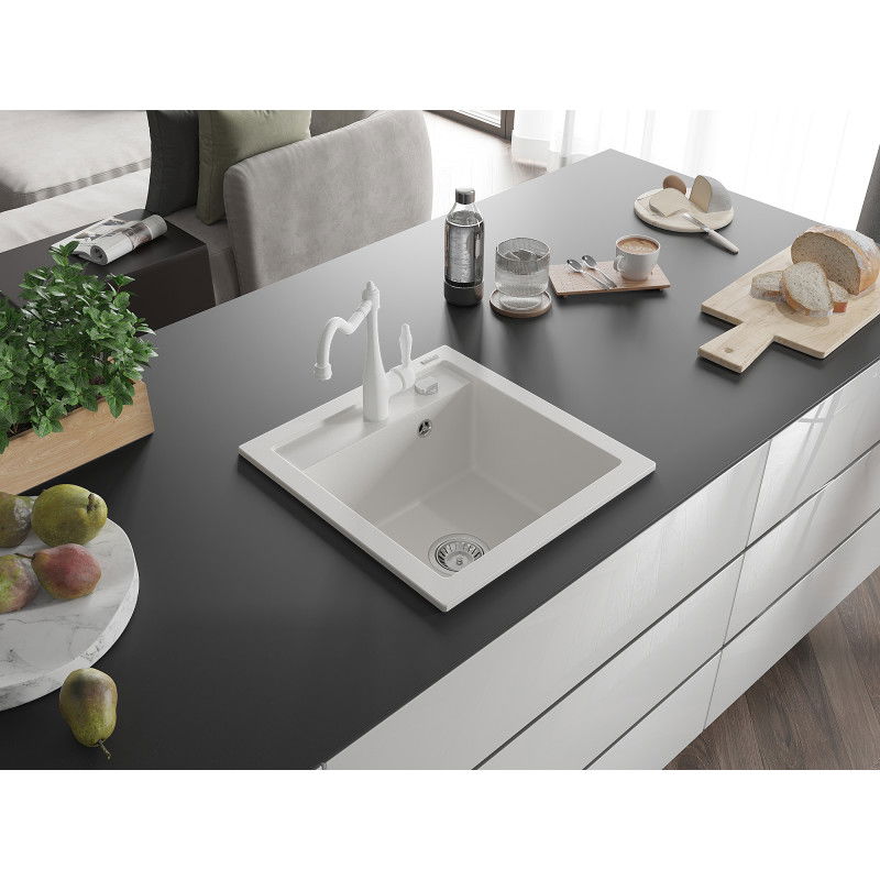 Mexen Vito granite sink 1-bowl with Carla kitchen tap, white - 6503-20-670700-20
