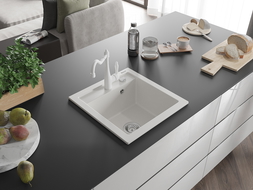 Mexen Vito 1-compartment granite sink with a kitchen mixer tap Carla, White - 6503-20-670700-20