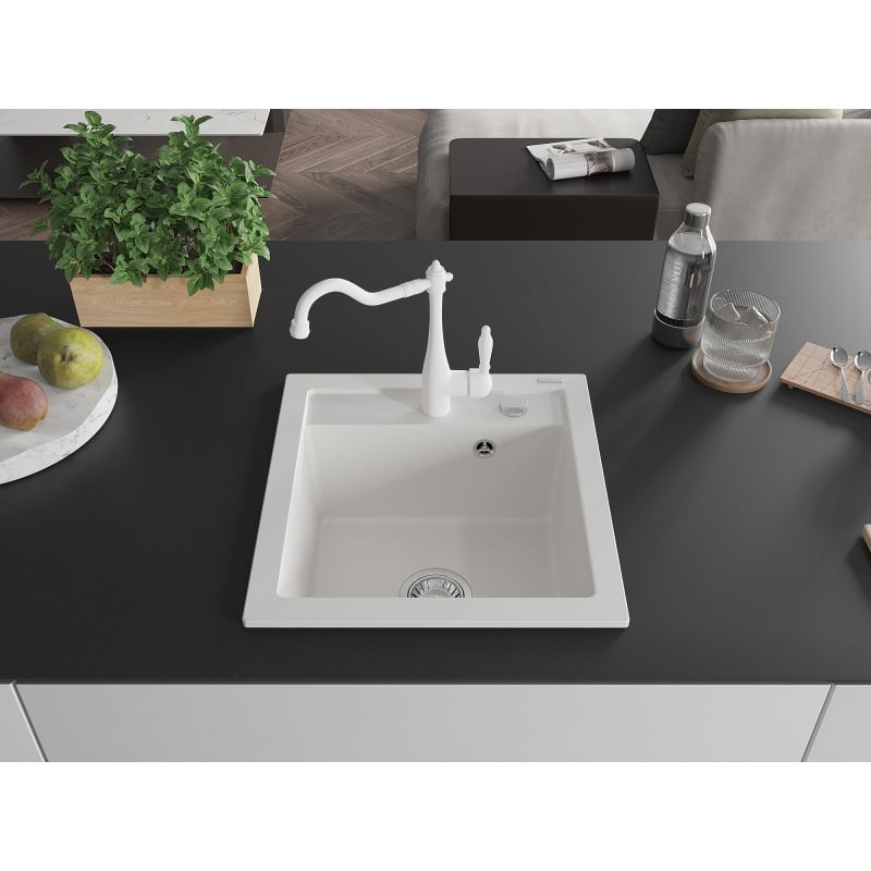 Mexen Vito granite kitchen sink 1-bowl with kitchen faucet Carla, white - 6503-20-670700-20