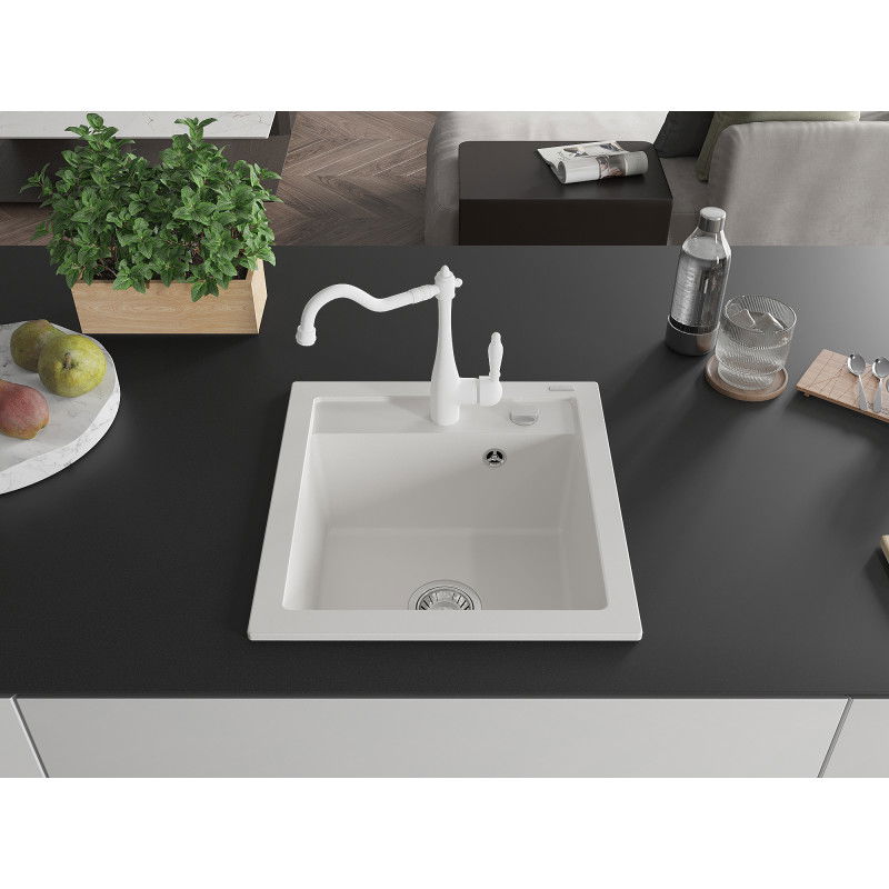 Mexen Vito granite sink 1-bowl with Carla kitchen tap, white - 6503-20-670700-20