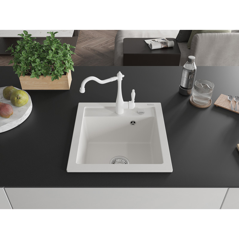 Mexen Vito granite sink 1-bowl with kitchen faucet Carla, white - 6503-20-670700-20