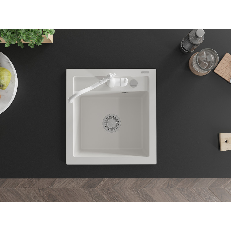 Mexen Vito granite sink 1-bowl with kitchen faucet Carla, white - 6503-20-670700-20