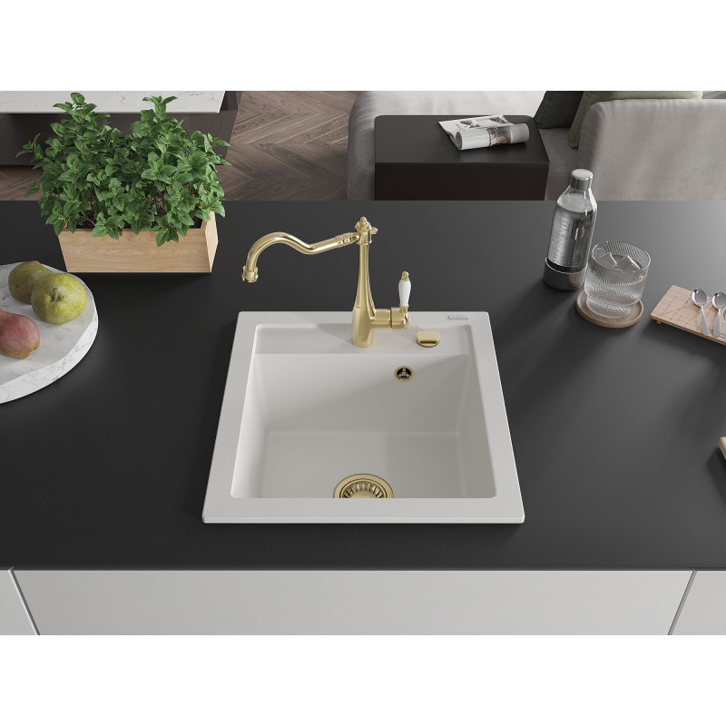 Mexen Vito 1-compartment granite sink with kitchen faucet Carla, white - 6503-20-670700-50