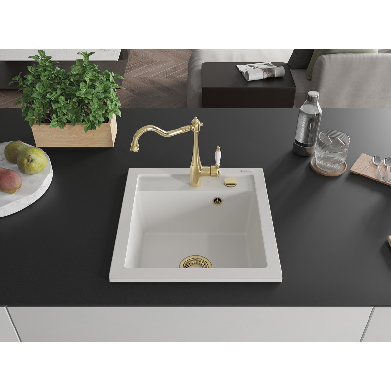 Mexen Vito granite kitchen sink 1-bowl with Carla kitchen faucet, white - 6503-20-670700-50
